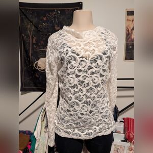 Lace Top Long Sleeve Ivory Cream Floral Elegant‎ Sheer Blouse